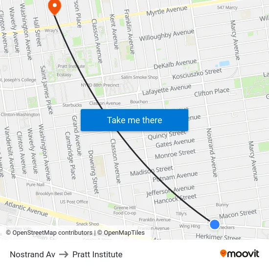 Nostrand Av to Pratt Institute map