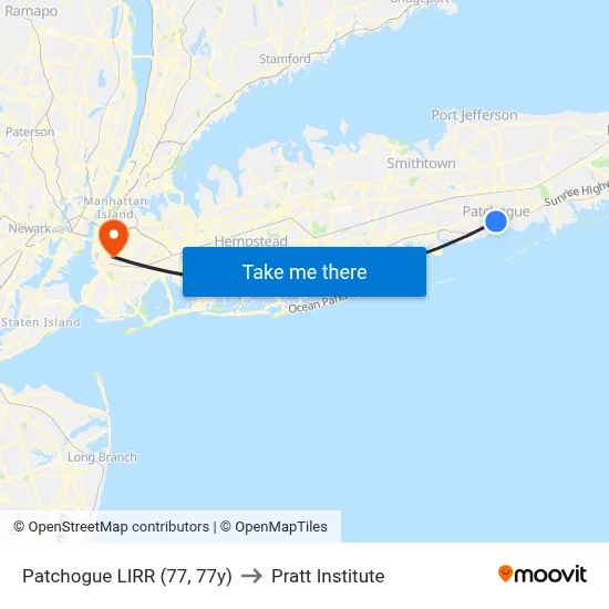 Patchogue LIRR (77, 77y) to Pratt Institute map