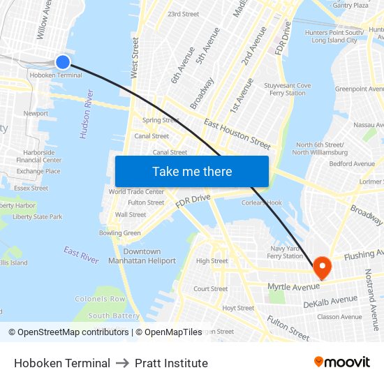 Hoboken Terminal to Pratt Institute map