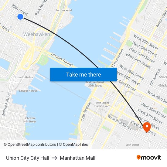 Union City City Hall to Manhattan Mall map