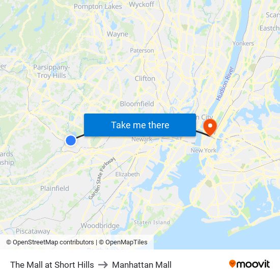 The Mall at Short Hills to Manhattan Mall map
