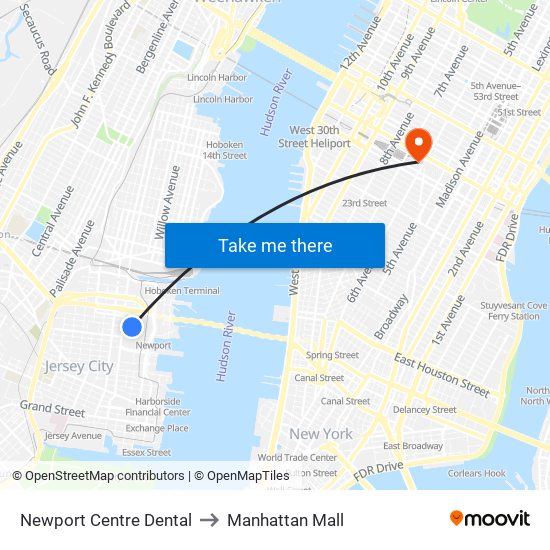 Newport Centre Dental to Manhattan Mall map