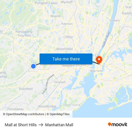 Mall at Short Hills to Manhattan Mall map