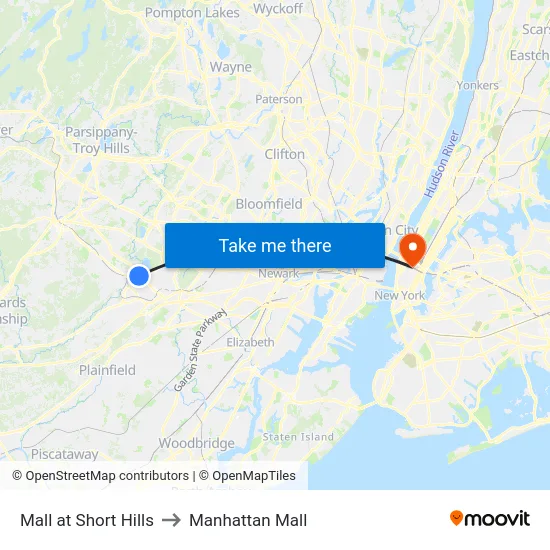 Mall at Short Hills to Manhattan Mall map