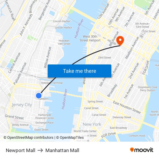 Newport Mall to Manhattan Mall map