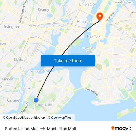 Staten Island Mall to Manhattan Mall map