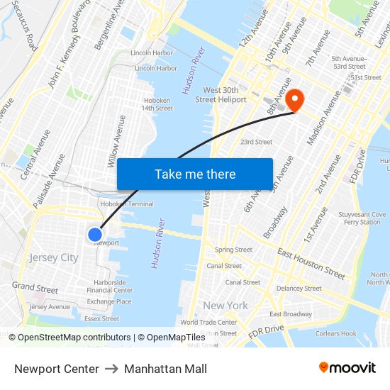 Newport Center to Manhattan Mall map