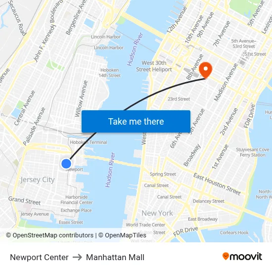 Newport Center to Manhattan Mall map