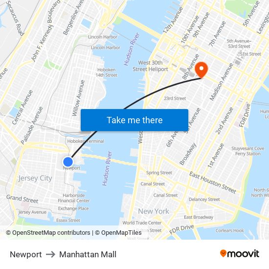 Newport to Manhattan Mall map