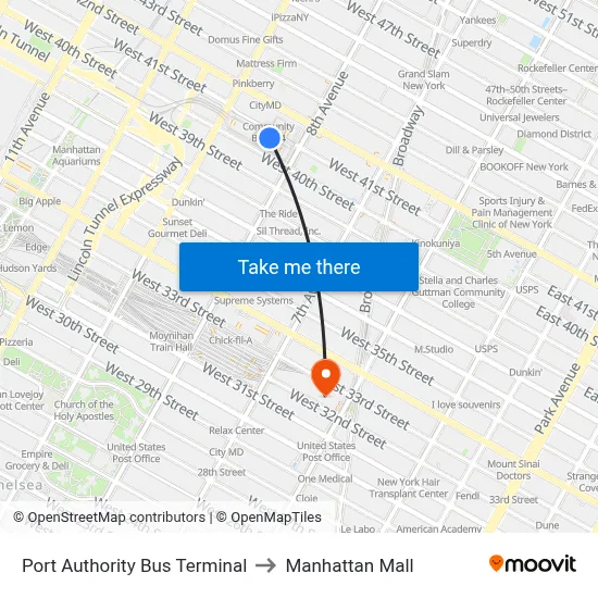 Port Authority Bus Terminal to Manhattan Mall map