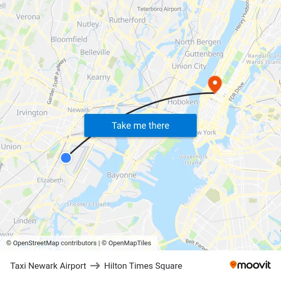 Taxi Newark Airport to Hilton Times Square map