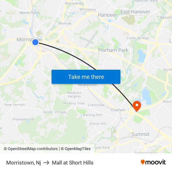 Morristown, Nj to Mall at Short Hills map