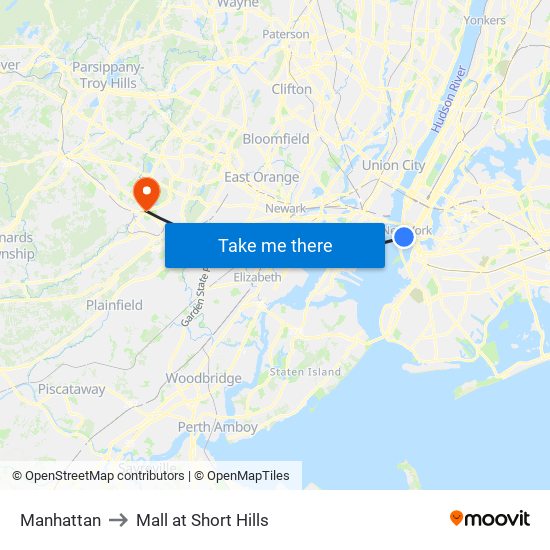 Manhattan to Mall at Short Hills map