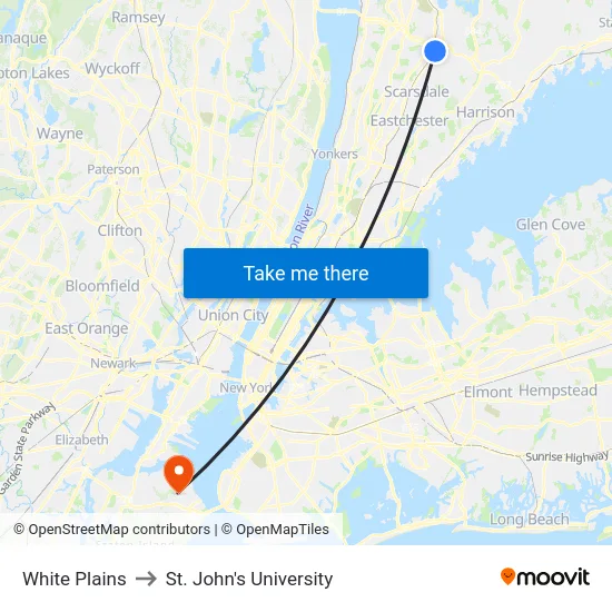 White Plains to St. John's University map