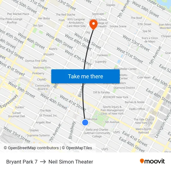 Bryant Park 7 to Neil Simon Theater map