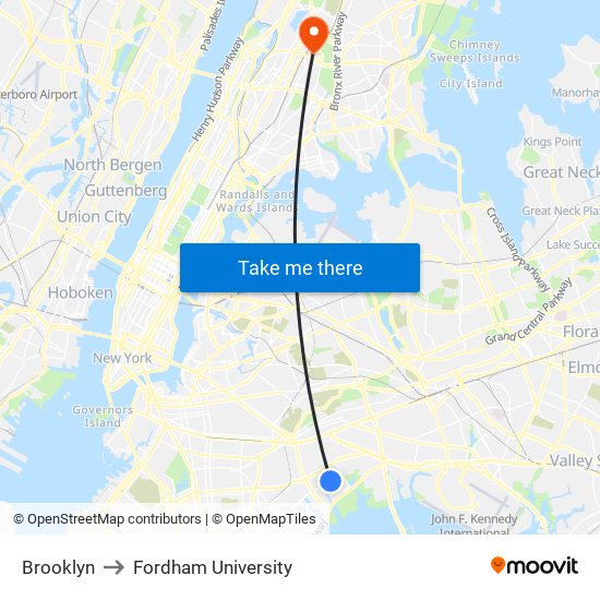 Brooklyn to Fordham University map
