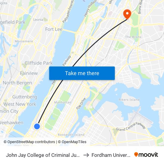 John Jay College of Criminal Justice to Fordham University map