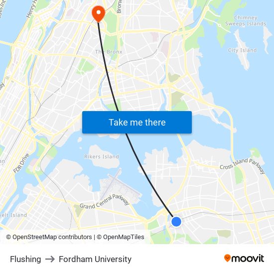 Flushing to Fordham University map