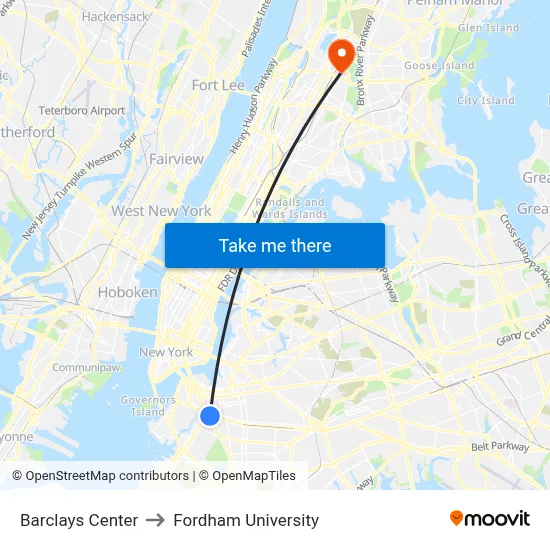 Barclays Center to Fordham University map