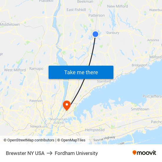 Brewster NY USA to Fordham University map