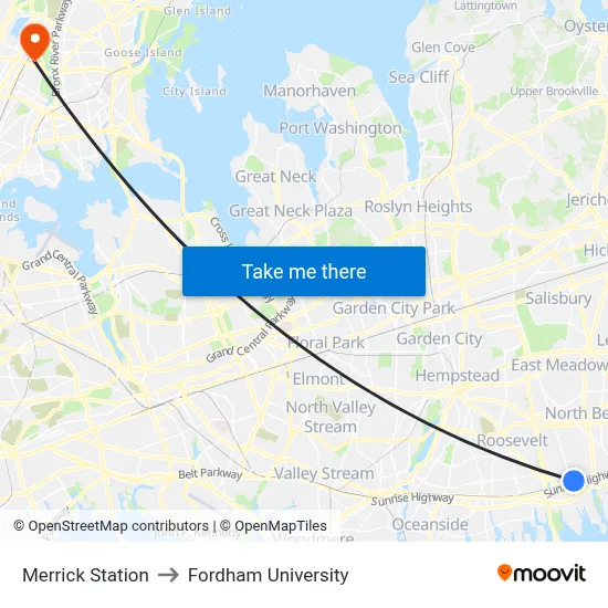 Merrick Station to Fordham University map