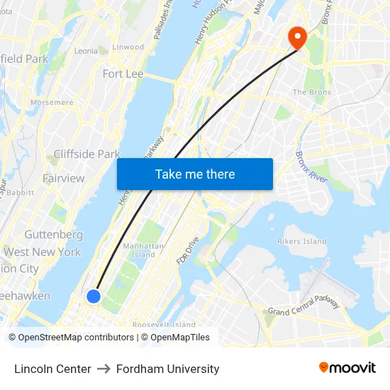 Lincoln Center to Fordham University map
