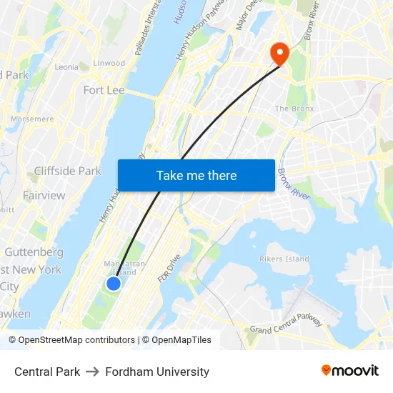 Central Park to Fordham University map