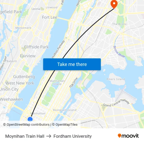 Moynihan Train Hall to Fordham University map