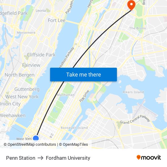 Penn Station to Fordham University map
