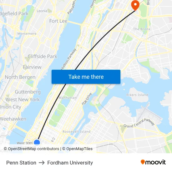 Penn Station to Fordham University map