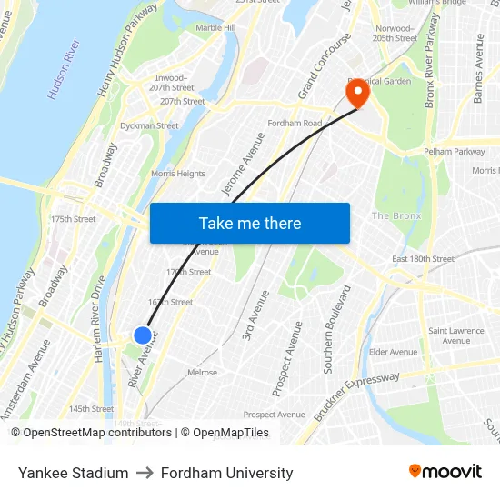 Yankee Stadium to Fordham University map
