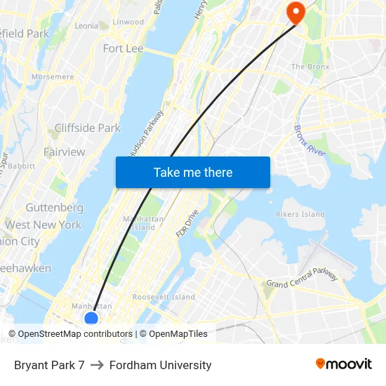 Bryant Park 7 to Fordham University map
