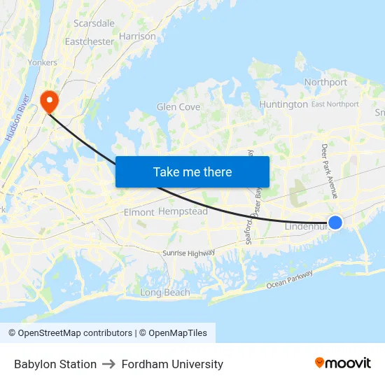 Babylon Station to Fordham University map