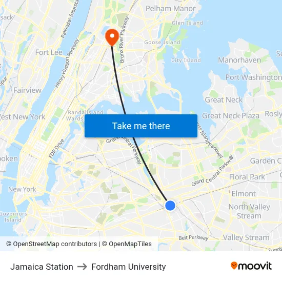 Jamaica Station to Fordham University map