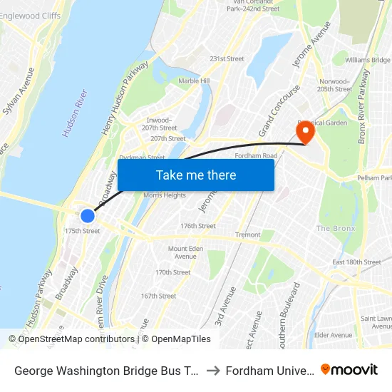 George Washington Bridge Bus Terminal to Fordham University map