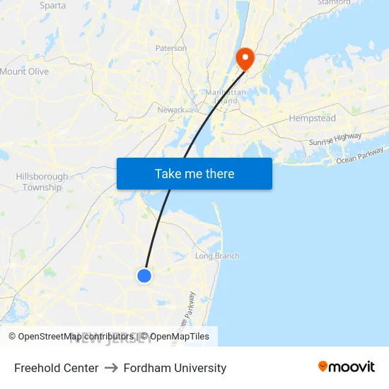 Freehold Center to Fordham University map