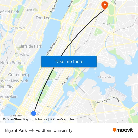 Bryant Park to Fordham University map