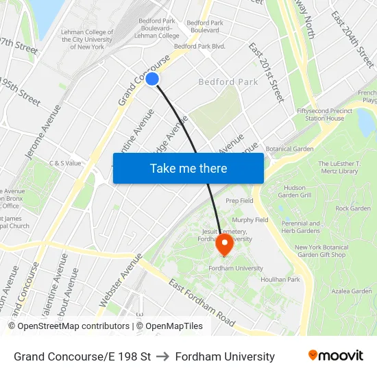 Grand Concourse/E 198 St to Fordham University map