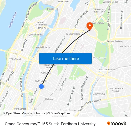 Grand Concourse/E 165 St to Fordham University map