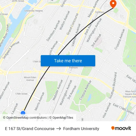 E 167 St/Grand Concourse to Fordham University map