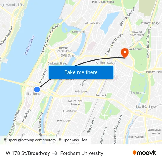 W 178 St/Broadway to Fordham University map