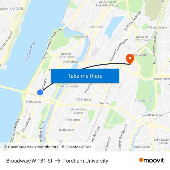 Broadway/W 181 St to Fordham University map