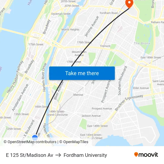E 125 St/Madison Av to Fordham University map