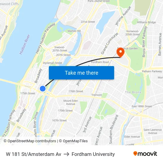W 181 St/Amsterdam Av to Fordham University map