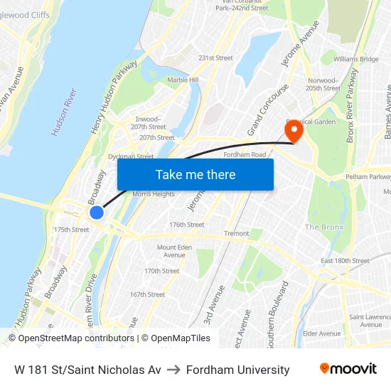 W 181 St/Saint Nicholas Av to Fordham University map