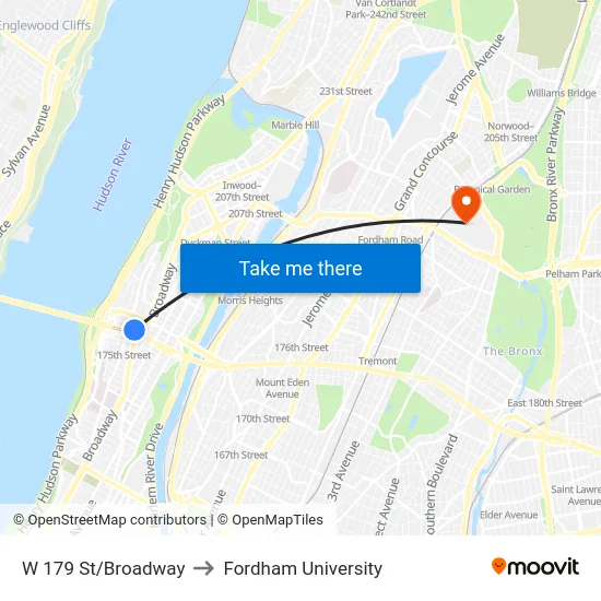 W 179 St/Broadway to Fordham University map