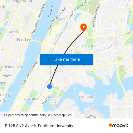 E 125 St/2 Av to Fordham University map