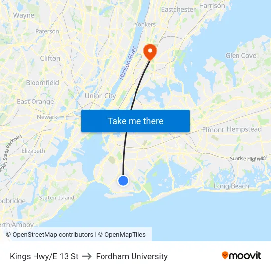 Kings Hwy/E 13 St to Fordham University map