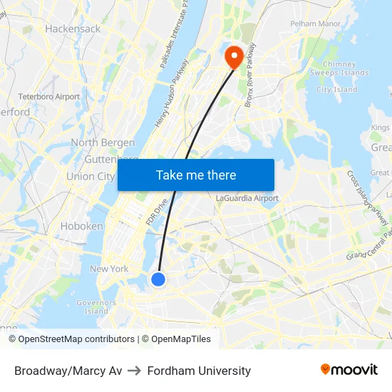 Broadway/Marcy Av to Fordham University map