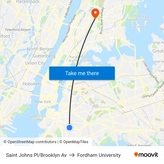 Saint Johns Pl/Brooklyn Av to Fordham University map
